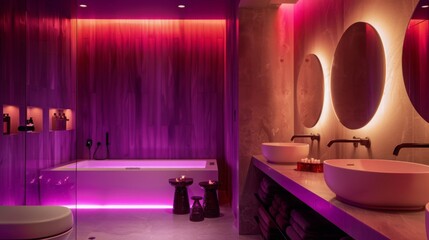 A contemporary bathroom featuring purple LED lights, two sinks, a large mirror, and a spacious bathtub.