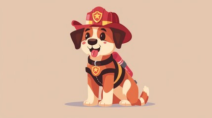 Wall Mural - A cartoon dog is wearing a fireman's hat and a vest