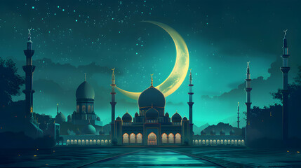 Wall Mural - Mosque with crescent moon and star Eid al adha ,eid al fitr islamic background,Generative Ai