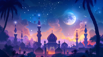 Poster - Mosque with crescent moon and star Eid al adha ,eid al fitr islamic background,Generative Ai