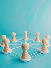 3d render of wooden figurines placed to represent nodes within white circular outlines interconnecte