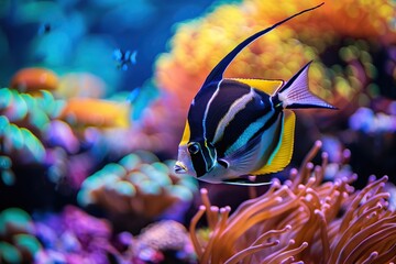 Wall Mural - Moorish idol fish in aquarium with blue water and corals