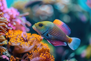 Wall Mural - Dottyback in aquarium with blue water and corals