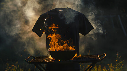 Wall Mural - I need a black blank t-shirt caught on fire by a bbq grill