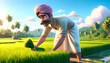 3D CaricImmersive 3D Animation: South Asian Farmer Working in Paddy Field, Middle-Aged Man with Dark Complexion and Thick Mustacheature of Hispanic Farmer in Field
