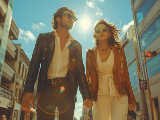 couple on a city street, both wearing sunglasses and brown jackets. They are holding hands and there are buildings and a blue sky in the background.
