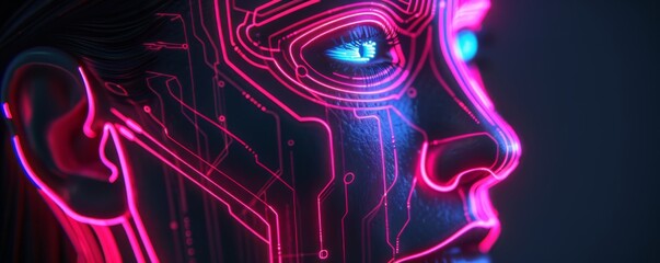 Poster - Futuristic neon cybernetic face profile