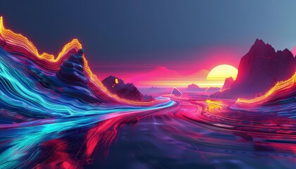 Wall Mural - Modern futuristic neon abstract landscape of a dynamic coastline, designed in futuristic styles, showcases a bold and imaginative visual experience