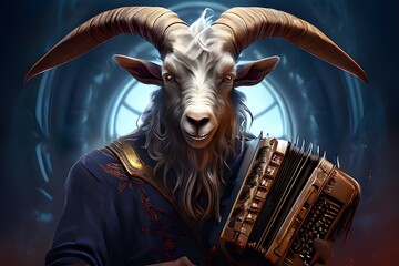 Fairytale human-like goat plays the button accordion