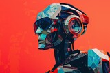 Fototapeta  - Trendy art paper collage design of a futuristic robot, depicted in cyber color for a cuttingedge synthwave color illustration