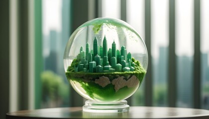 glass globe with a tiny model of a green city inside create with ai