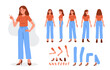 Casual woman character constructor for animation. Front, side and back view. Body parts and postures collection. Vector illustration.