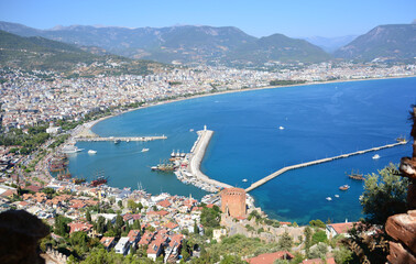 Wall Mural - a harbour with boats and a city in the background Alanya top view