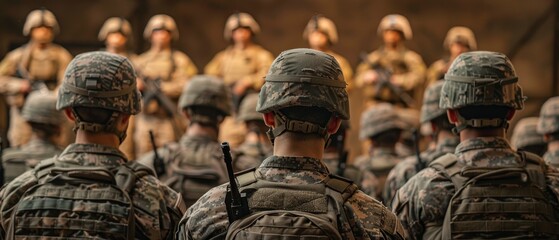 A group of soldiers are standing in a line and wearing helmets