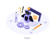 Character having dialog with chatbot on laptop, chatting with robot, asking questions and receiving answers. Virtual assistant support and FAQ concept. Isometric vector illustration.
