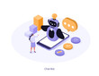Character having dialog with chatbot on smartphone, chatting with robot, asking questions and receiving answers. Virtual assistant support and FAQ concept. Isometric vector illustration.