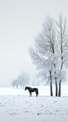 Poster - Lone Horse in Serene Snowy Winter Landscape  