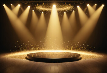 Golden podium with light and particles. Stage with gold spotlight on stage. Empty space 