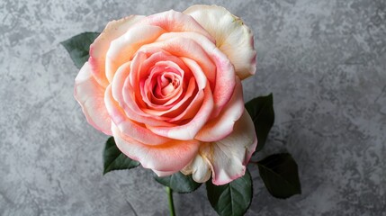 Sticker - Beautiful pink and white rose on gray background. Top view.