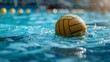 A water polo ball floats on the surface of a pool, reflecting the surrounding environment.
