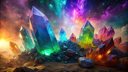 Sticker - Fantasy landscape with crystals and nebula.