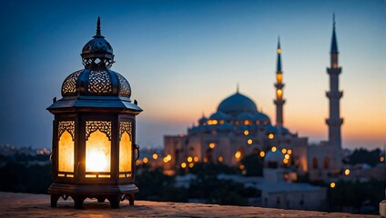 Islamic lantern with a blurred mosque background for Eid Al Fitr and Eid Al Adha