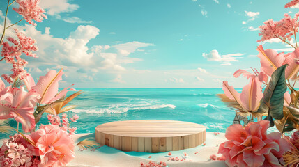 Wall Mural - A beach scene with a large wooden platform in the foreground.