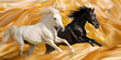 horse runs gallop in the desert.Black and White Horses Racing Across the Sands