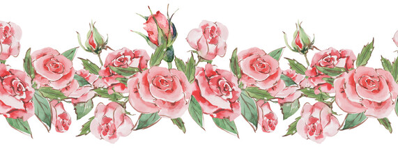 Sticker - Pink roses Watercolor seamless floral border. Floral bouquet for invitations, greeting and wedding