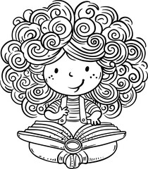 Wall Mural - Cute cartoon girl with curly hair sitting and reading a book. Isolated outline vector illustration