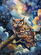 A whimsical and imaginative watercolor featuring a delightful owl taking a peaceful nap amidst a sky filled with fluffy clouds and sparkling stars. The perfect representation of a dreamlike state,