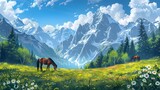 Tranquil Meadow with Grazing Ponies Beneath Towering Mountain Peaks