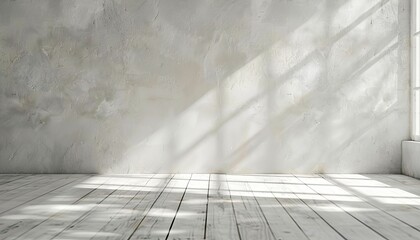 Wall Mural - A serene setting with sunbeams casting shadows on the white walls and wooden floor of an empty, minimalist room