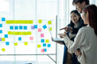 © Wasana - Three people are looking at a laptop screen with a white board behind them. The white board has a lot of colorful sticky notes on it. The people are smiling and seem to be enjoying the activity