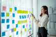 © Wasana - A woman is pointing at a board with colorful sticky notes on it. She is smiling and seems to be excited about the project