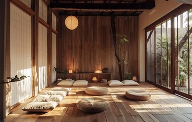 Poster - Well-lit spacious Japanese style room with tatami mats, floor cushions, and sliding doors opening to nature