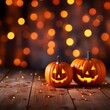 © Studicon - Halloween orange pumpkins on a wooden table. Generative AI.