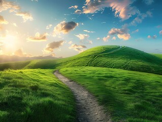 Canvas Print - This image captures the beauty of a sunrise over a verdant hill with a winding pathway leading towards the horizon