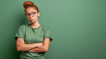 Poster -   A woman in a green T-shirt and glasses stands with crossed arms in front of her face