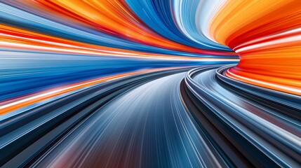 Wall Mural -  Highway passing through a blue, orange, and white tunnel's center - a blurred photograph