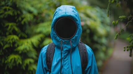   A person in a blue hooded jacket walks along a path, surrounded by a lush green forest