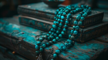 Wall Mural -   A turquoise bead necklace rests atop a stack of aged books on a weathered wooden table