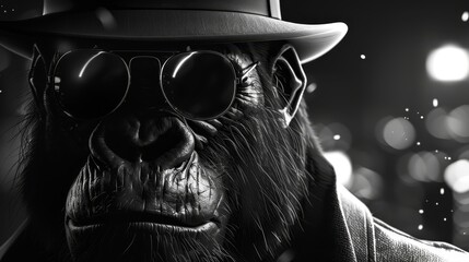 Wall Mural -   A monkey in a hat, sunglasses, and fedora appears in a black-and-white photograph amidst the snow