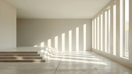 Poster -   A large, white room featuring numerous windows In its center, a set of stairs bathed in sunlight streaming in through the panes