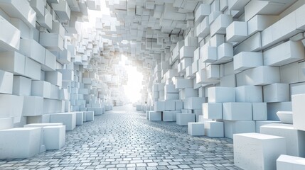 Wall Mural -   A room is filled with numerous white cubes atop a brick floor Nearby, a white wall houses a brilliant light at its endpoint