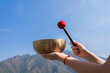 Tibetan singing bowl with the Himalayas in the background.