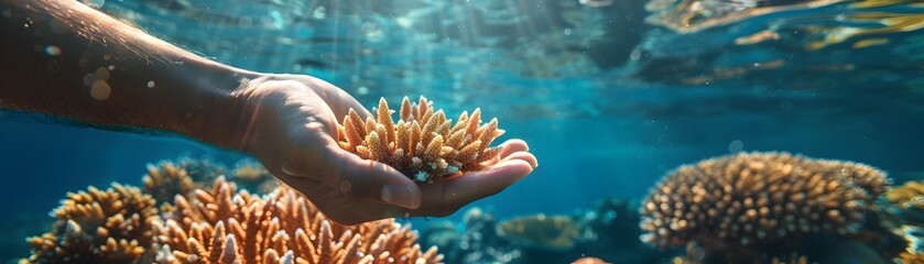 Canvas Print - Hands Transplanting Coral to Rebuild Diverse Underwater Marine Ecosystem