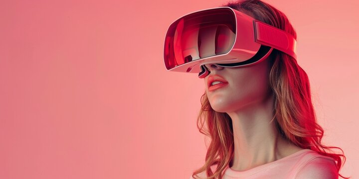 Model young woman in glasses of red trendy virtual reality on modern pink background, Augmented reality, science, future technology concept. VR. Futuristic 3d glasses with virtual projection.