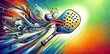 Vibrant abstract fluid art of a pickleball paddle and ball with dynamic swirls and colorful orbs on a multi-colored background with copy space. Gradient. Healthy lifestyle, active sport