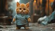 Cat wearing a light blue t-shirt and grey shorts, its fat belly hanging out of the shirt, in a cute pose, in the style of photorealistic hyperbole.